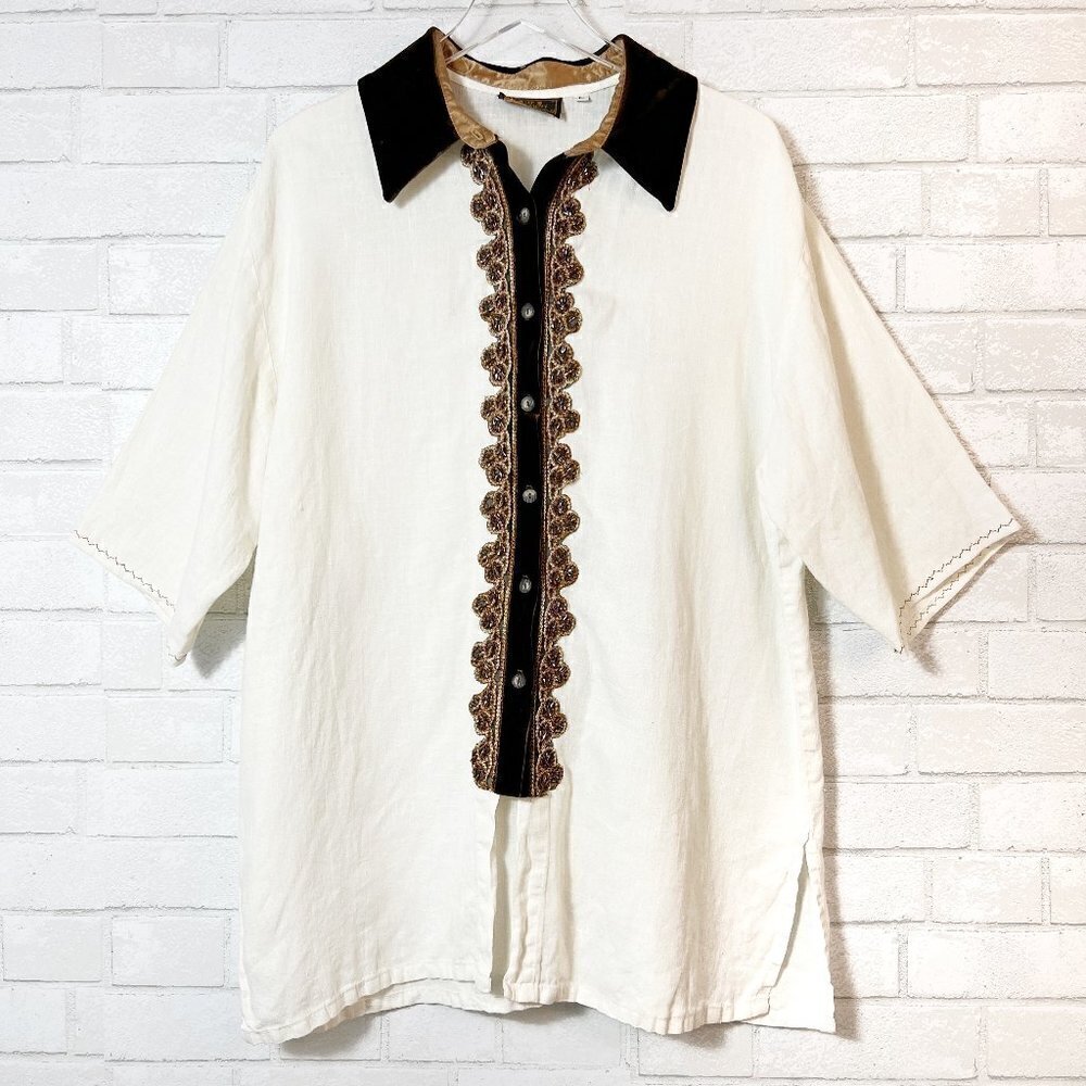 Basement U.S.A. Vintage Cream Linen Brown Velvet Collar Tunic Women's‎ Size L